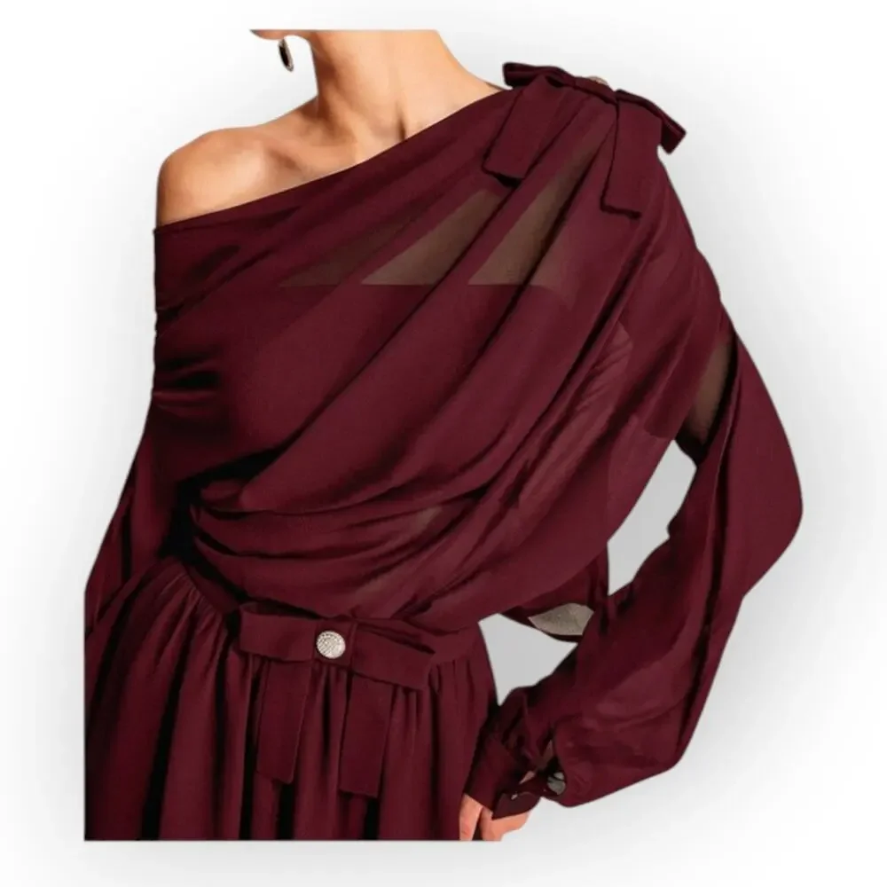 Commense Burgundy Chiffon One Shoulder Top & Skirt Set – Romantic Parisian Bow